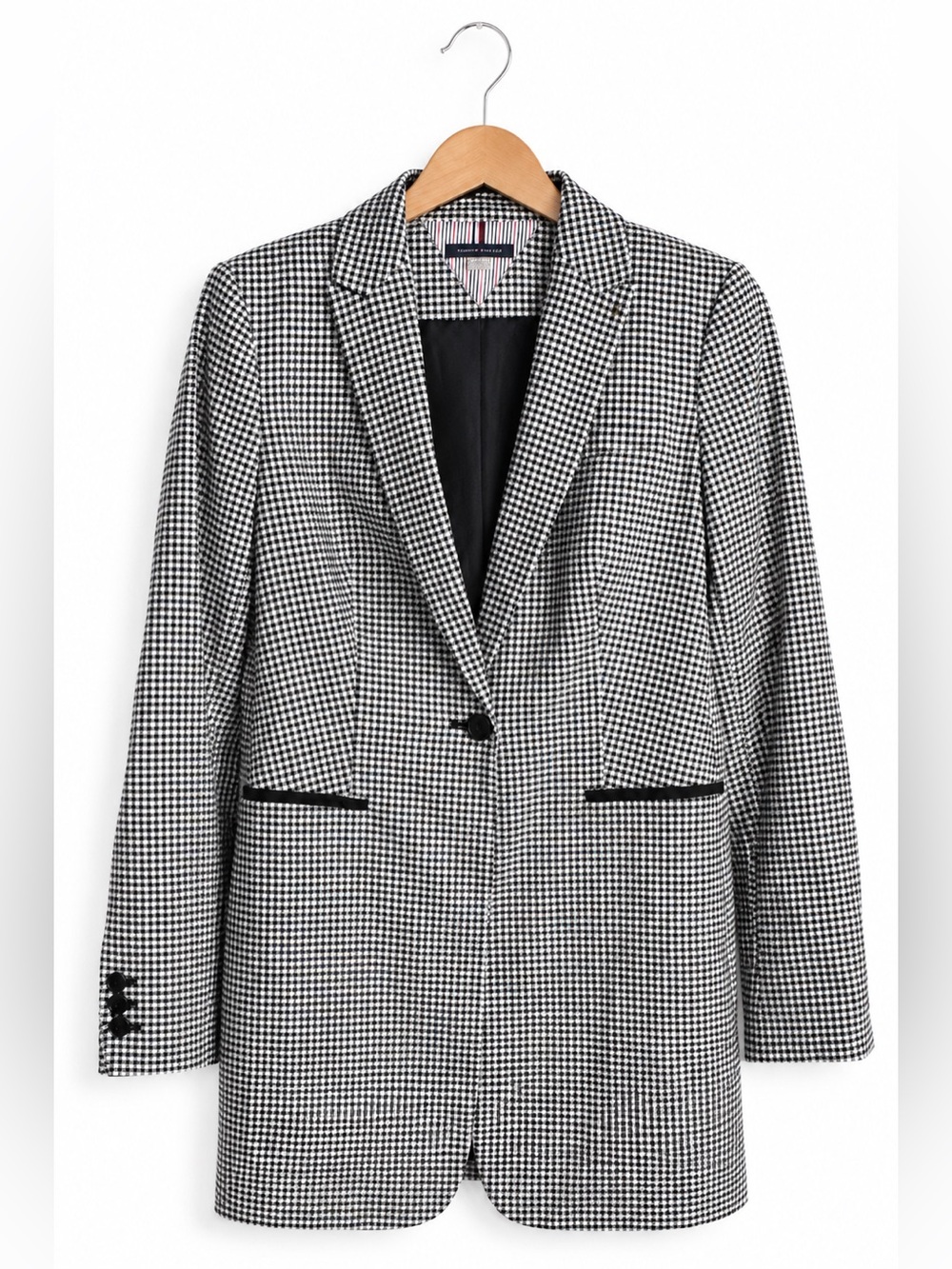 Tommy Hilfiger Black White Houndstooth Blazer Striped Lining Preppy Tailored